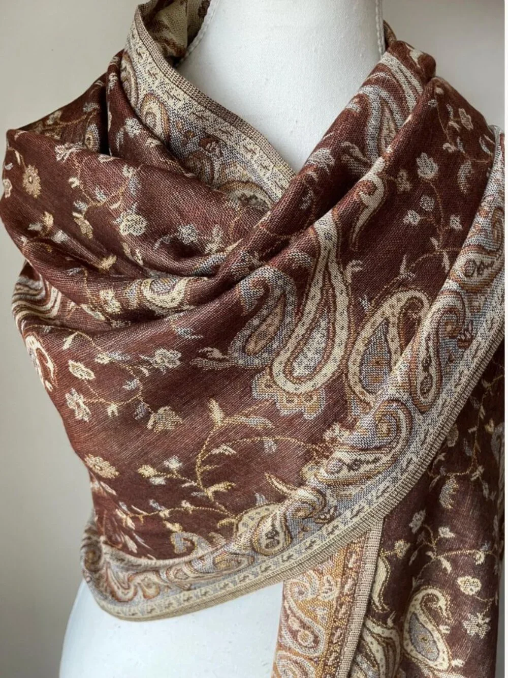 Brown Paisley Pashmina Scarf Shawl with Fringes, Fall Scarf, Unisex